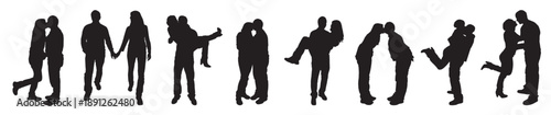 Silhouette of couple making  their hands overhead love. Set of Silhouettes of romantic couple hugging, kissing, making love. Love gestures. vector illustration.