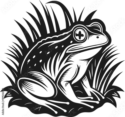 Black and white illustration of a toad sitting in grass with detailed pattern and bold lines