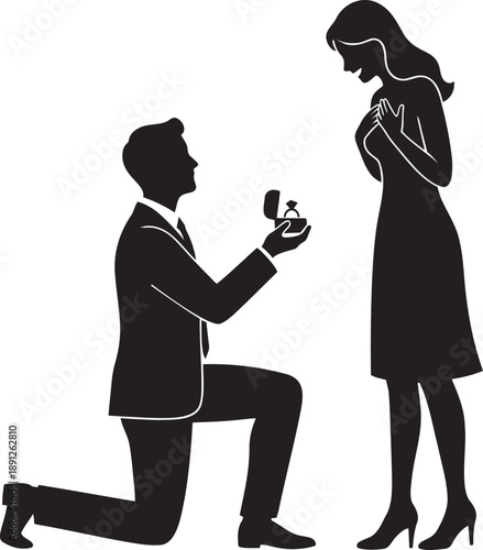 Minimal black silhouette of a man proposing to a woman on one knee with engagement ring, clear readable pose