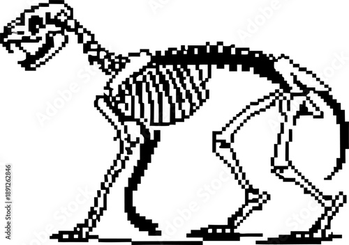 pixel art animal skeleton, digital black and white illustration of complete skeleton structure in walking posture