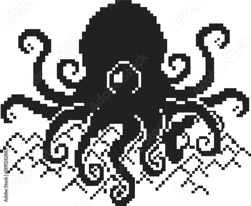 pixel art octopus with tentacles spread over digital waves, monochrome retro sea creature design