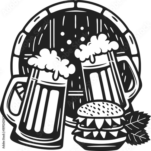 Two frothy beer mugs with a hamburger and hops emblem, brewery tavern vintage design illustration