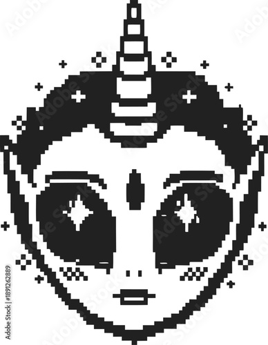 Pixel art black and white alien face with unicorn horn and sparkling eyes, fantasy extraterrestrial creature design
