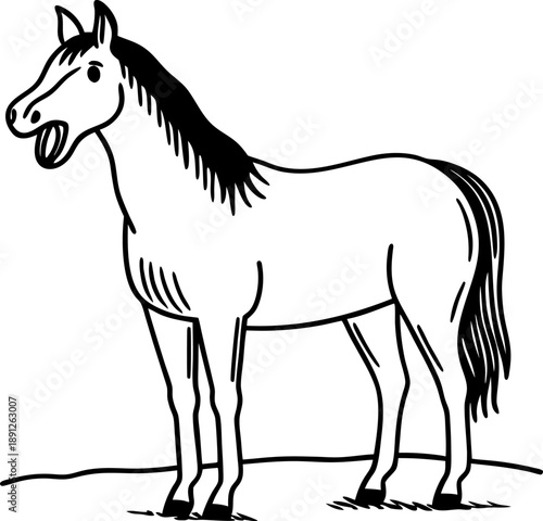 black and white sketch of a horse with mane and tail standing on grass