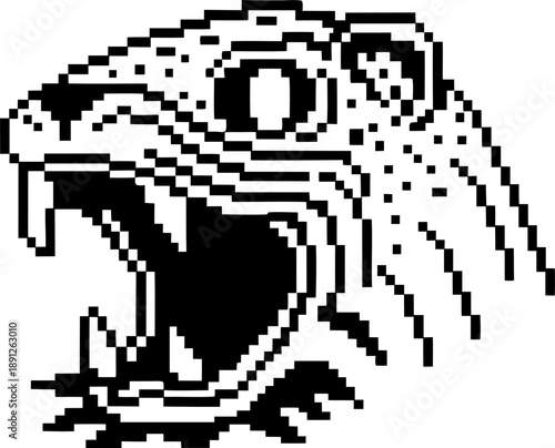 Pixel art roaring snake head with open mouth and fangs in black and white digital