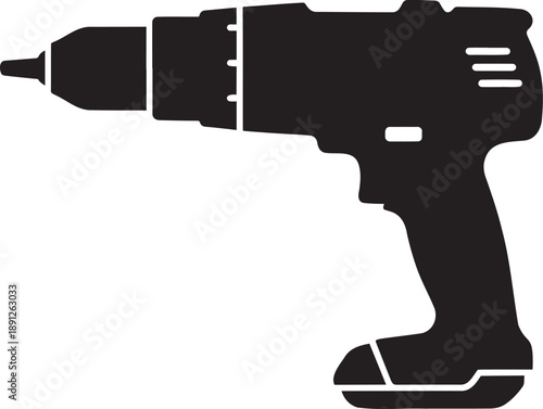 black silhouette of an electric drill machine, side view, simplified modern shape, sharp crisp edges
