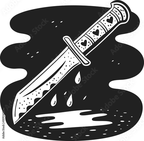 Vintage dagger with heart decorated handle dripping liquid on dark abstract background illustration