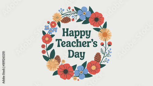A digital illustration of a floral wreath with Happy Teacher's Day text, celebrating educators in a vibrant, floral environment from a straightforward viewpoint.