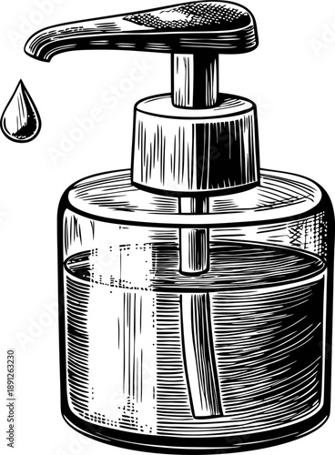 Liquid soap dispenser with pump releasing a drop of soap hand hygiene and cleanliness concept in black and white illustration