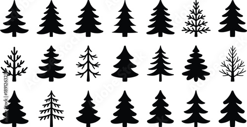 Black evergreen tree silhouettes collection isolated on white background, stylized pine and fir forest icons set for winter design, logo, decoration, branding, and nature concepts