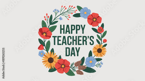 Floral wreath with colorful flowers and teacher's day text in a graphic design illustration
