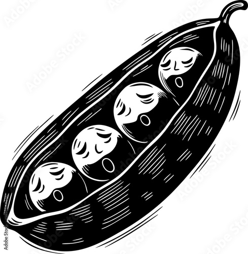 Black and white illustration of a pea pod with four sleeping peas featuring peaceful closed eyes and yawns