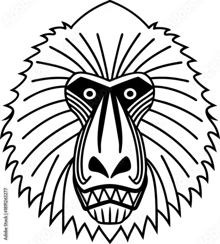 Mandrill face illustration with bold tribal pattern and fierce expression