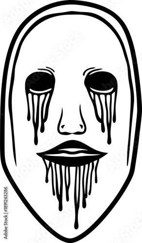 abstract crying face mask with dripping tears and mouth minimalist black and white horror or surreal illustration
