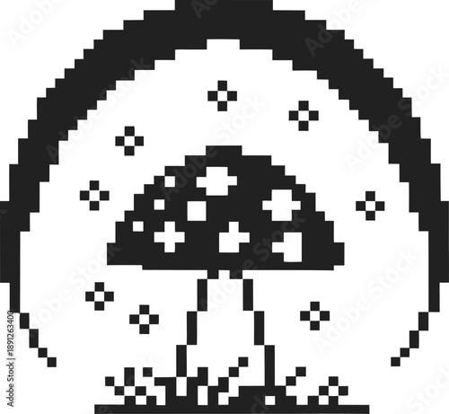 Pixel art magic mushroom surrounded by sparkling stars and grass under moonlight effect