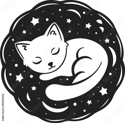 Sleeping cat curled up peacefully surrounded by stars and crescent moons in a circular cosmic design