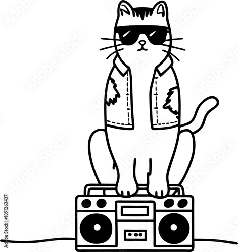Cool cat wearing sunglasses and vest sitting on a boombox vintage urban illustration