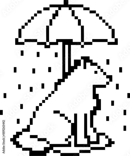 Pixel art dog sitting calmly under an umbrella in falling rain drops, retro black and white digital design