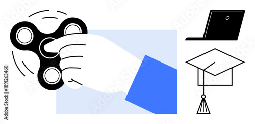 Stress management, online learning, education tools, multitasking, concentration improvement, leisure. Hand spinning a black fidget spinner, laptop and graduation cap icons. Stress relief and online