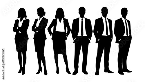 Black and white silhouettes of a group of men and women in business suits on a white isolated background. Vector graphics. EPS_03.
