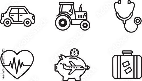 Outline Icons for Travel, Health, and Agriculture on White Background Keywords: car, tractor