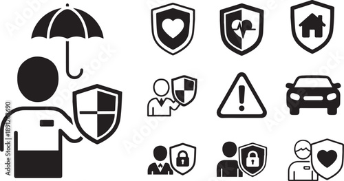 Collection of black and white icons representing insurance and protection services Keywords