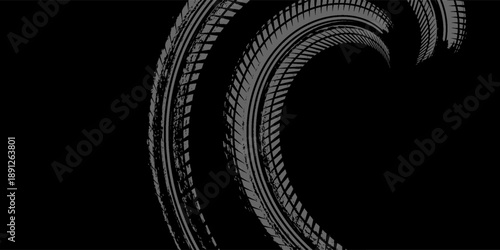 Grunge circle tire track, wheel braking mark. Truck, car or motorcycle tread pattern silhouettes.