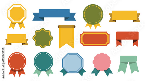 A collection of 15 decorative vintage style badges and ribbons arranged in a grid pattern