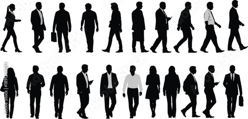 Walking business people silhouettes set, professional men and women commuting poses, urban corporate lifestyle concept, daily movement, black vector illustration