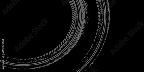 Grunge circle tire track, wheel braking mark. Truck, car or motorcycle tread pattern silhouettes.