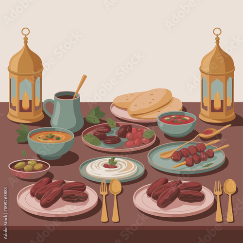 A lavish table spread for iftar or eid celebration featuring traditional food and lanterns