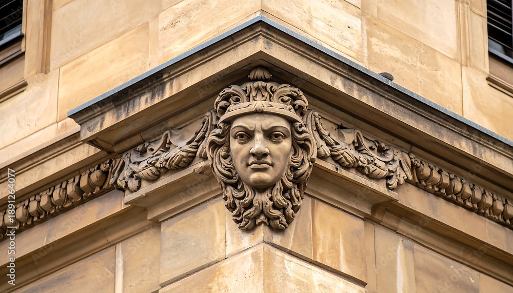 Obraz premium Stone building corner detailed with a sculpted human face figure as architectural ornament
