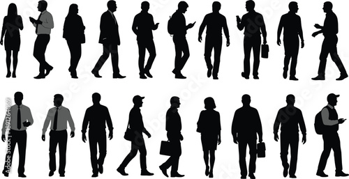 Walking people silhouettes collection, business men and women urban movement poses, daily life commuters concept, black vector illustration set
