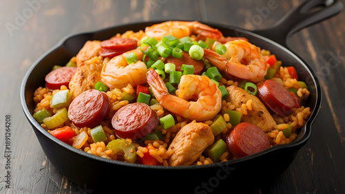 Hearty and flavorful Jambalaya in a cast-iron skillet, featuring shrimp, sausage, chicken, and vegetables mixed with rice, a classic Creole dish.