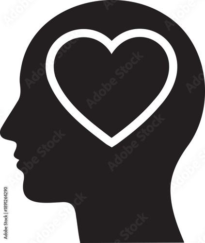 Minimal silhouette of a human head with a heart shape inside, clean flat vector, emotional wellness and self care concept, no gradients