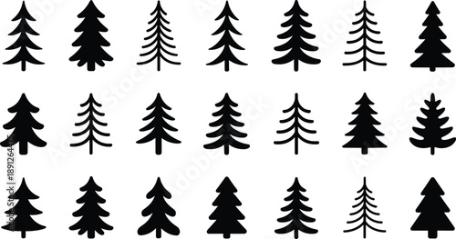 Black pine tree silhouettes collection isolated on white background, minimalist evergreen forest icons in various styles, natural shapes for winter design, logo, branding, and decoration concepts