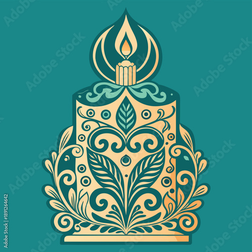 Ornate golden candle with teal floral patterns flickering a gentle flame