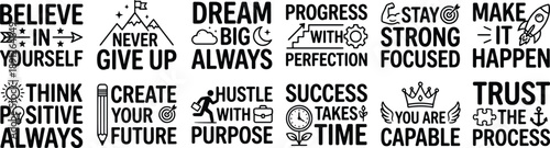 Motivational Quote Typography Set Featuring Believe, Dream Big, Hustle Success and Personal Growth Icons for Branding Posters and Apparel