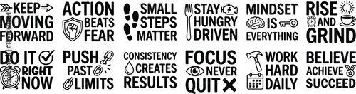 Motivational Success Quote Typography Collection Featuring Productivity Mindset Action Focus and Discipline Icons for Business Branding Posters