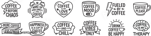 Coffee Humor Quote Icon Set With Hand-Drawn Typography and Playful Cafe Illustrations for Prints and Branding