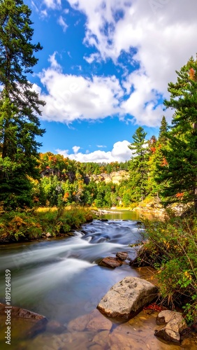Stream flows through a forest with vibrant autumn foliage under a partly cloudy, bright sky