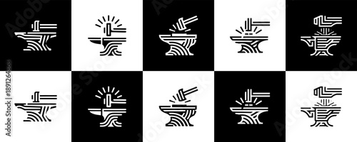 Vector Set of 5 Blacksmith Anvil Hammer Forge Icons Design