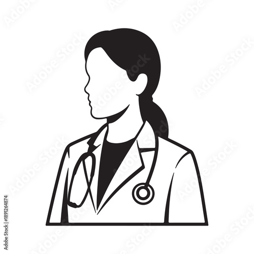 Female Doctor Silhouette Icon with Stethoscope in Black and White Vector Illustration