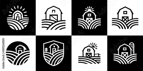 Vector Set of 8 Farm Agriculture Logo Monoline Badges and Emblems
