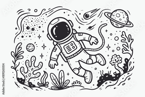 Hand-drawn doodle illustration of an astronaut floating in cosmic space surrounded by stars and abstract plants.