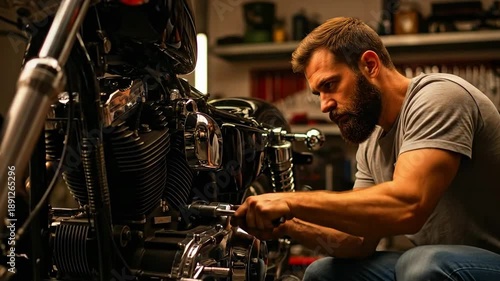 Mechanic working on motorcycle engine in a cluttered workshop, close-up view of hands and machinery
