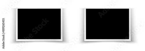 Two empty white photo frames with soft shadow on black background, realistic mockup for photo or artwork presentation, modern minimal layout with space for images.