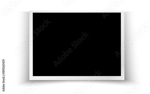 Minimalistic white photo frame with soft shadow and curved paper backdrop on transparent background. Clean empty mockup for images, posters, presentations, and modern design layouts.