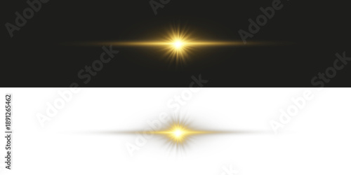 Golden light flare with radiant glow on dark background. Cinematic horizontal lens flare, sun burst effect, glowing energy beam for light overlays, transitions, and visual effects.