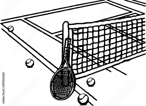 Tennis Racket and Balls on Court Illustration, Multiple tennis balls are scattered across the court surface near the net line.